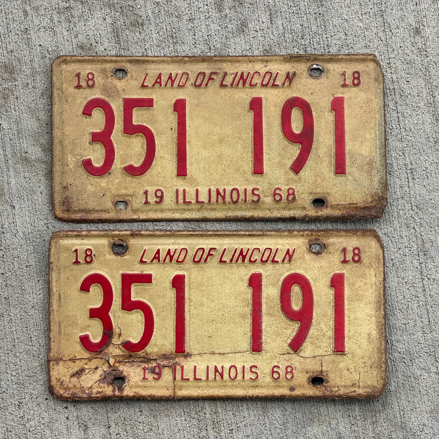Photo of a 1968 Illinois License Plate Pair Auto Tag Garage Decor Vintage 351 191 with original patina