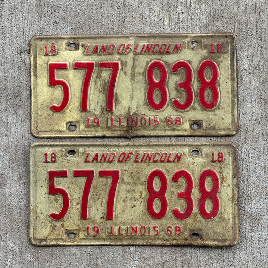 Photo of a 1968 Illinois License Plate Pair Auto Tag Garage Decor Vintage 577 838 with original patina