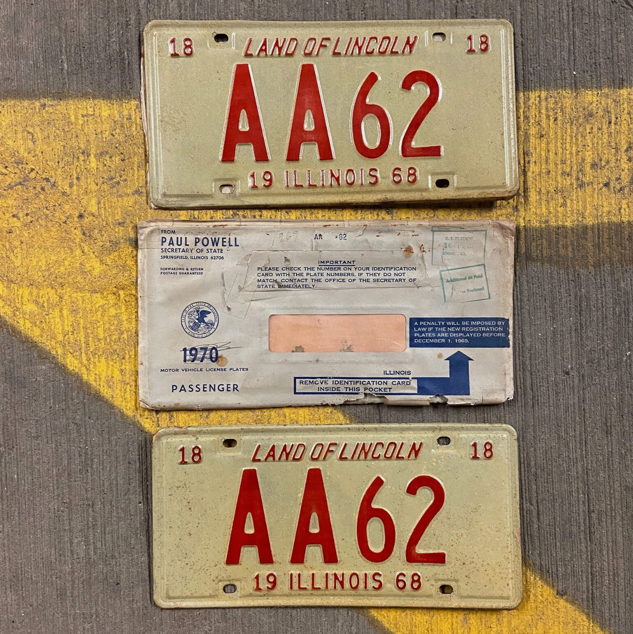 Photo of a 1968 Illinois License Plate Pair Auto Tag Garage Decor Vintage A Block Early Number Series AA 62 with original patina