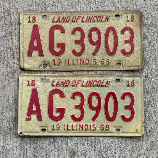 Photo of a 1968 Illinois License Plate Pair Auto Tag Garage Decor Vintage AG 3903 with original patina
