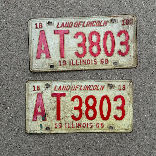 Photo of a 1968 Illinois License Plate Pair Auto Tag Garage Decor Vintage AT 3803