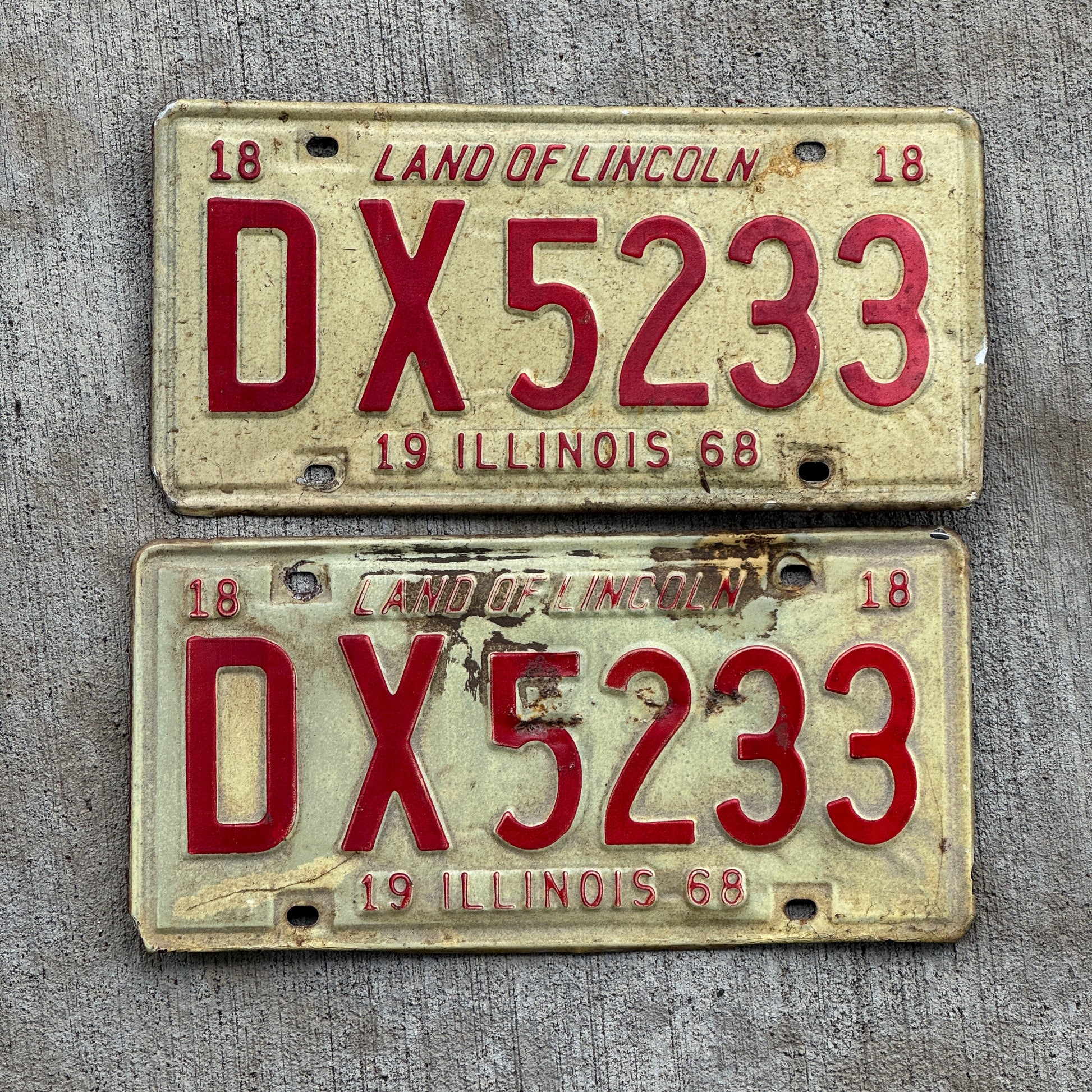 Photo of a 1968 Illinois License Plate Pair Auto Tag Garage Decor Vintage DX 5233 with original patina