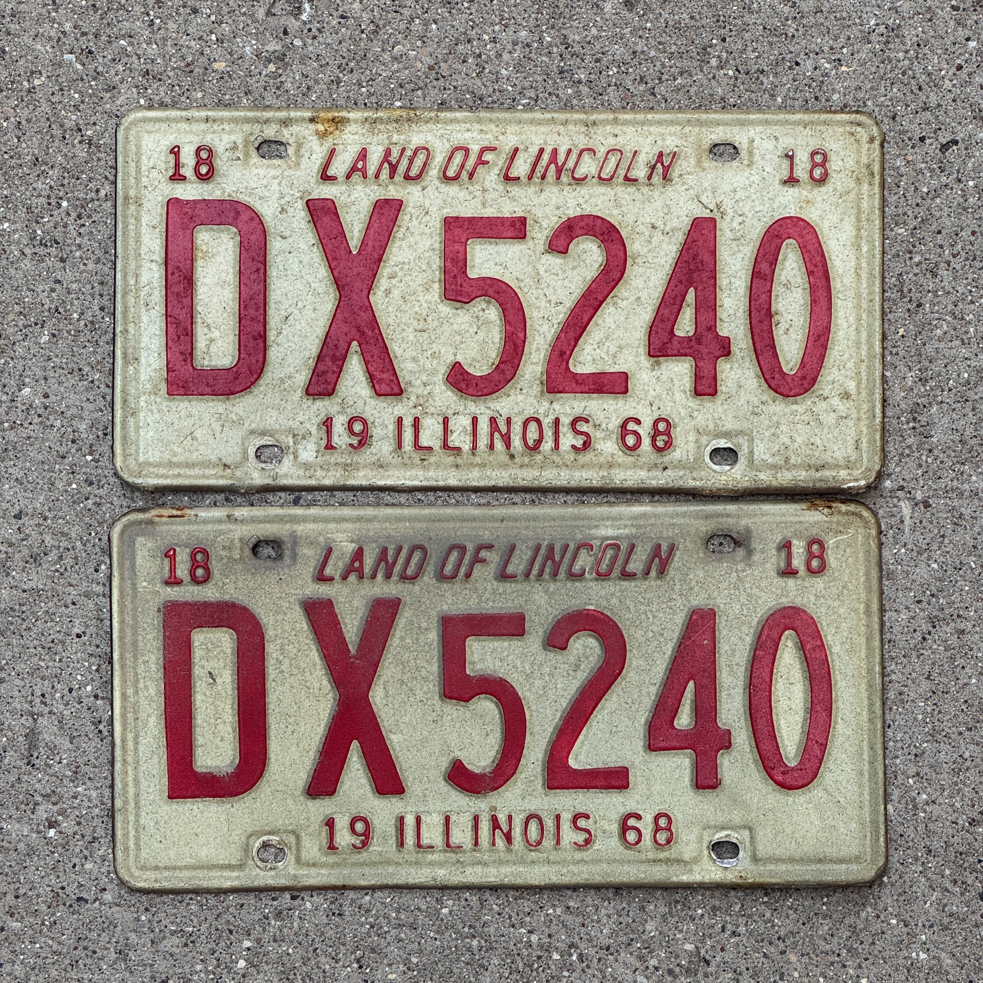 Photo of a 1968 Illinois License Plate Pair Auto Tag Garage Decor Vintage DX 5240 with original patina