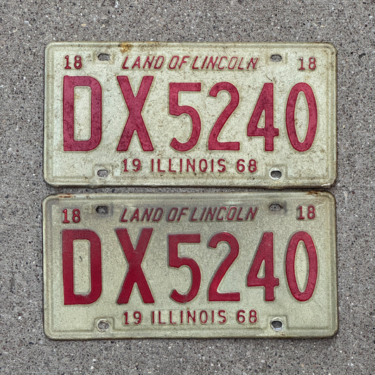 Photo of a 1968 Illinois License Plate Pair Auto Tag Garage Decor Vintage DX 5240 with original patina