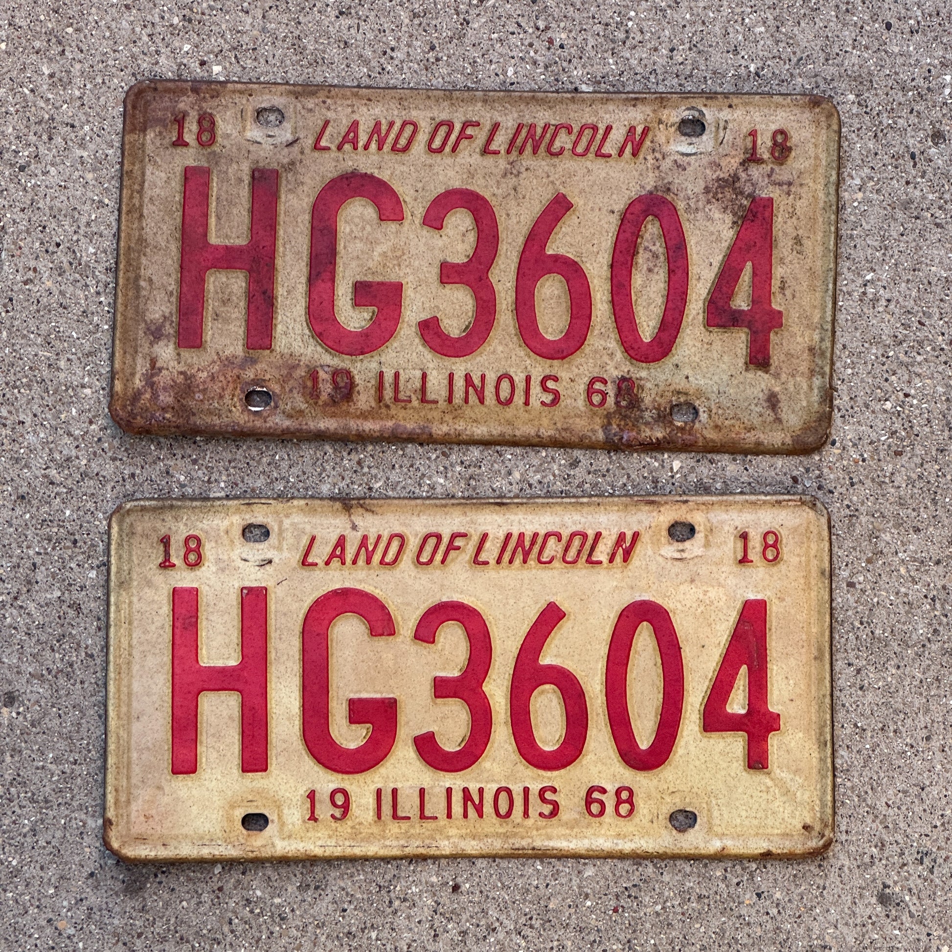 Photo of a 1968 Illinois License Plate Pair Auto Tag Garage Decor Vintage HG 3604 with original patina