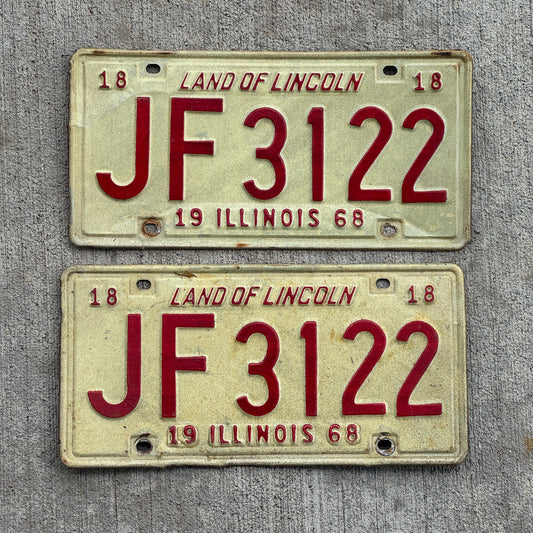 Photo of a 1968 Illinois License Plate Pair Auto Tag Garage Decor Vintage JF 3122 with original patina