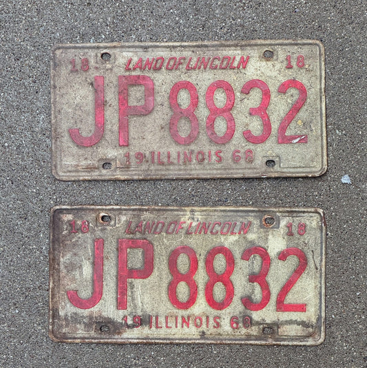 Photo of a 1968 Illinois License Plate Pair Auto Tag Garage Decor Vintage JP 8832
