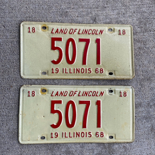 Photo of a 1968 Illinois License Plate Pair Auto Tag Garage Decor Vintage Low Number Four Digit 5071 with original patina