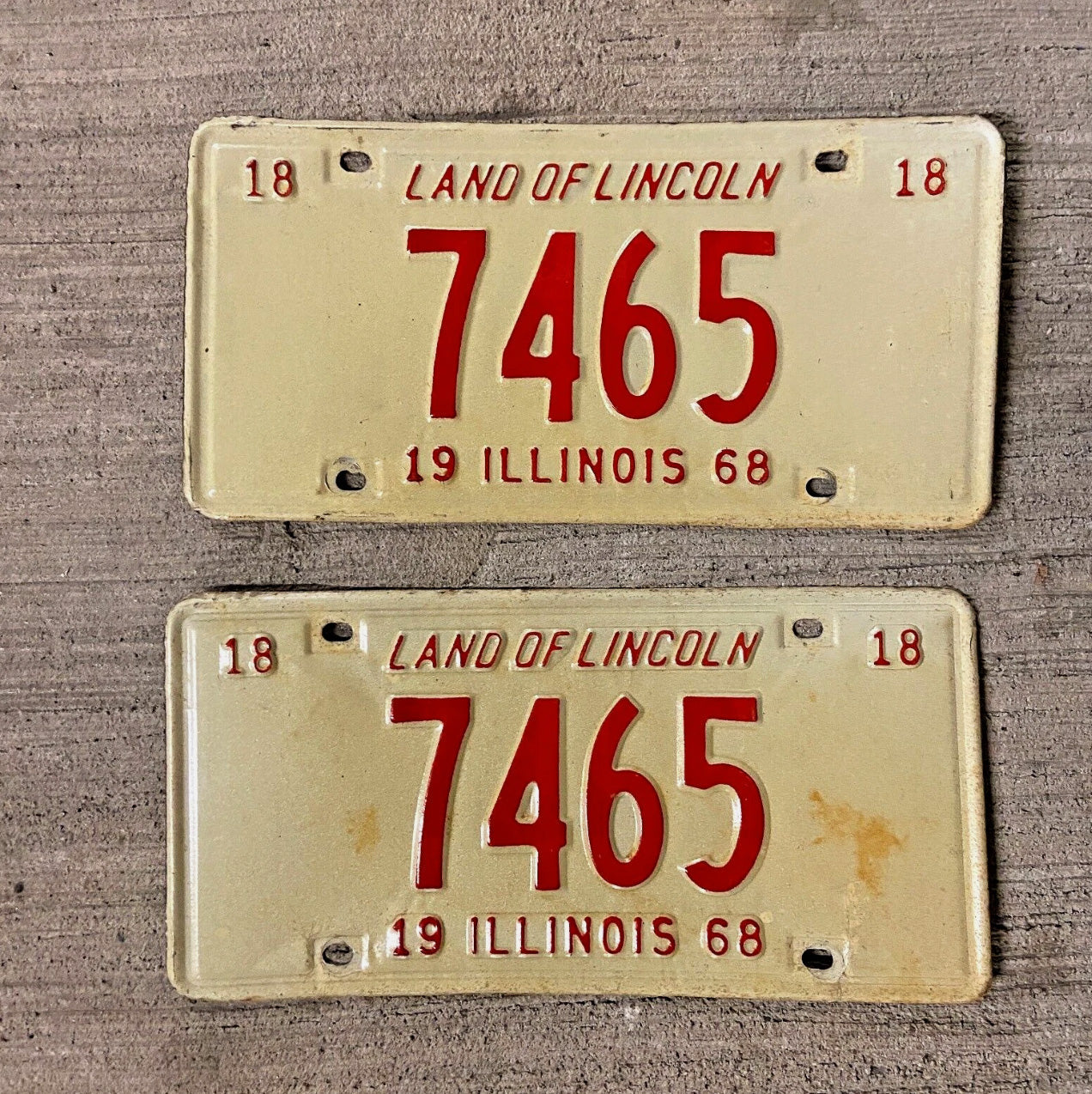 Photo of a 1968 Illinois License Plate Pair Auto Tag Garage Decor Vintage Low Number Four Digit 7465 with original patina