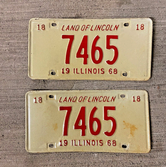 Photo of a 1968 Illinois License Plate Pair Auto Tag Garage Decor Vintage Low Number Four Digit 7465 with original patina