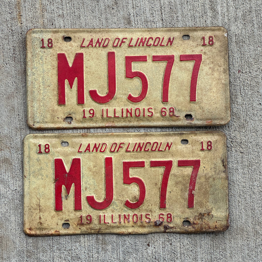 Photo of a 1968 Illinois License Plate Pair Auto Tag Garage Decor Vintage MJ 577 with original patina