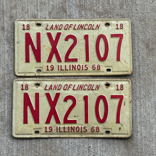 Photo of a 1968 Illinois License Plate Pair Auto Tag Garage Decor Vintage NX 2107 with original patina