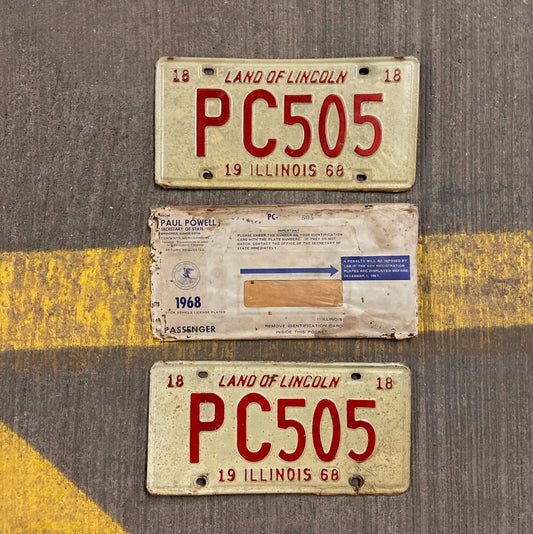 Photo of a 1968 Illinois License Plate Pair Auto Tag Garage Decor Vintage PC 505 with original patina
