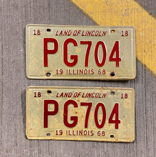 Photo of a 1968 Illinois License Plate Pair Auto Tag Garage Decor Vintage PG 704 with original patina