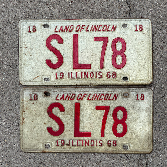 Photo of a 1968 Illinois License Plate Pair Auto Tag Garage Decor Vintage SL 78 with original patina