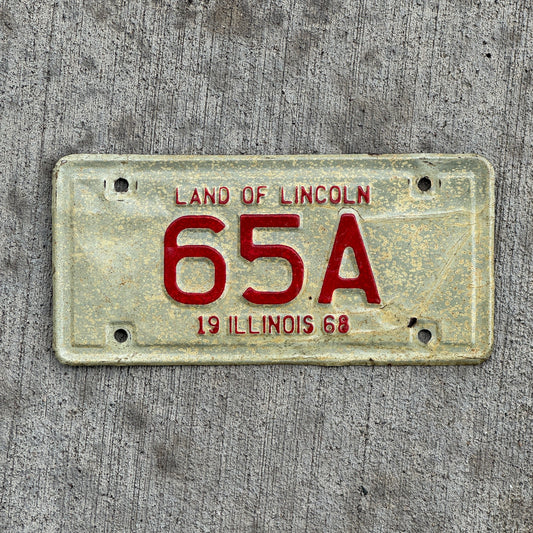 Photo of a 1968 Illinois Moped License Plate Auto Tag Garage Decor Vintage Two Digit First Year of Type 65 A with original patina