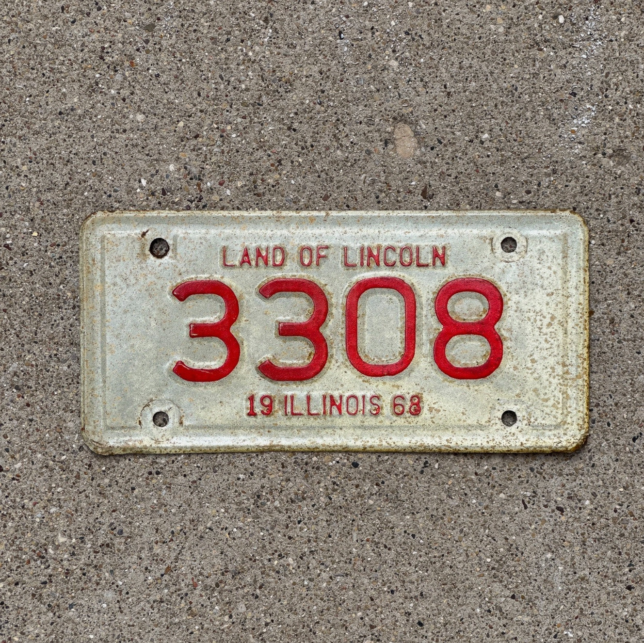 Photo of a 1968 Illinois Motorcycle License Plate Auto Tag Garage Decor Vintage 3308 with original patina