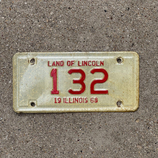 Photo of a 1968 Illinois Motorcycle License Plate Auto Tag Garage Decor Vintage Low Number Three Digit 132 with original patina