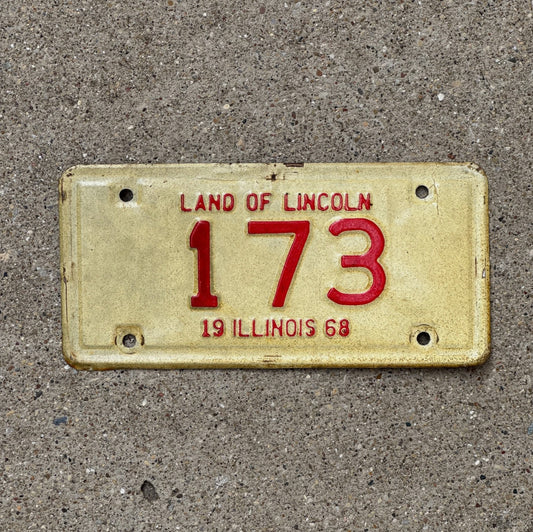 Photo of a 1968 Illinois Motorcycle License Plate Auto Tag Garage Decor Vintage Low Number Three Digit 173 with original patina