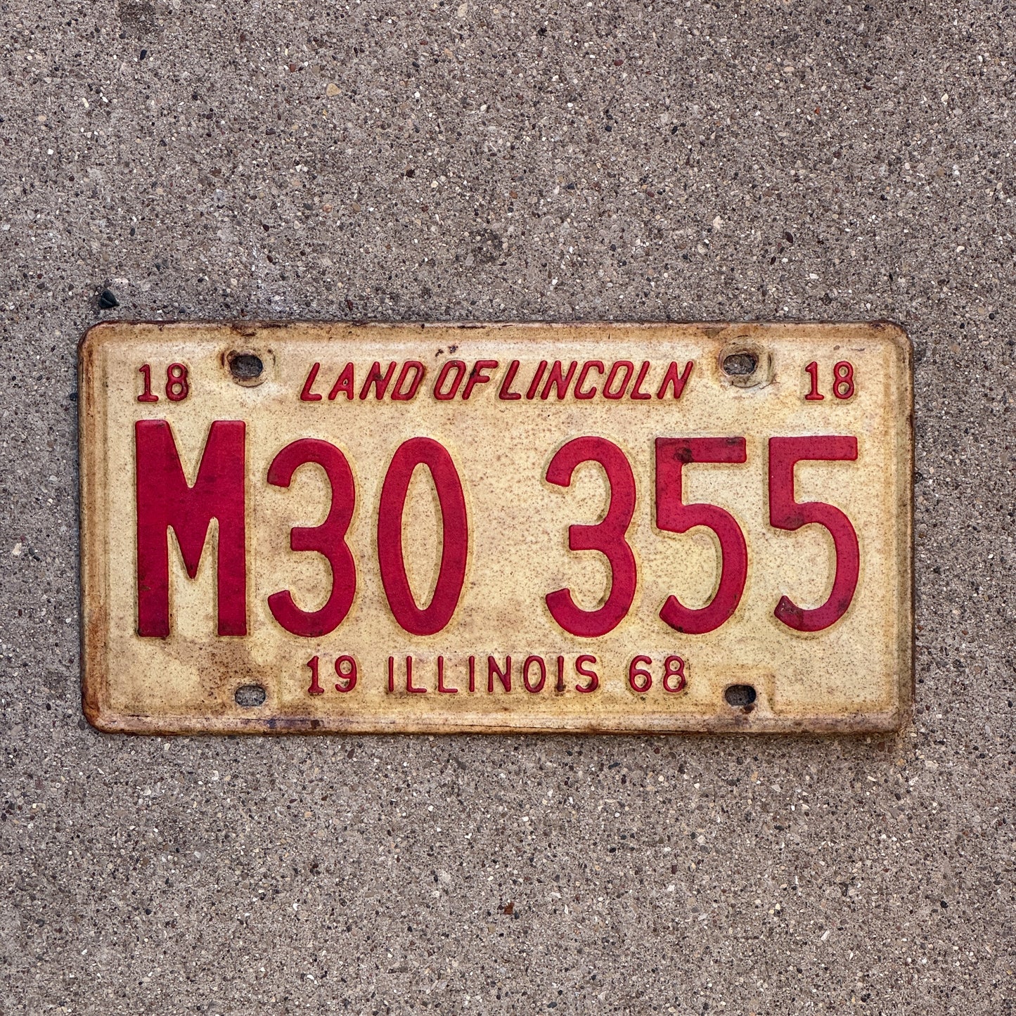 Photo of a 1968 Illinois Municipal License Plate Auto Tag 1 Vintage Garage M 30 355 with original patina