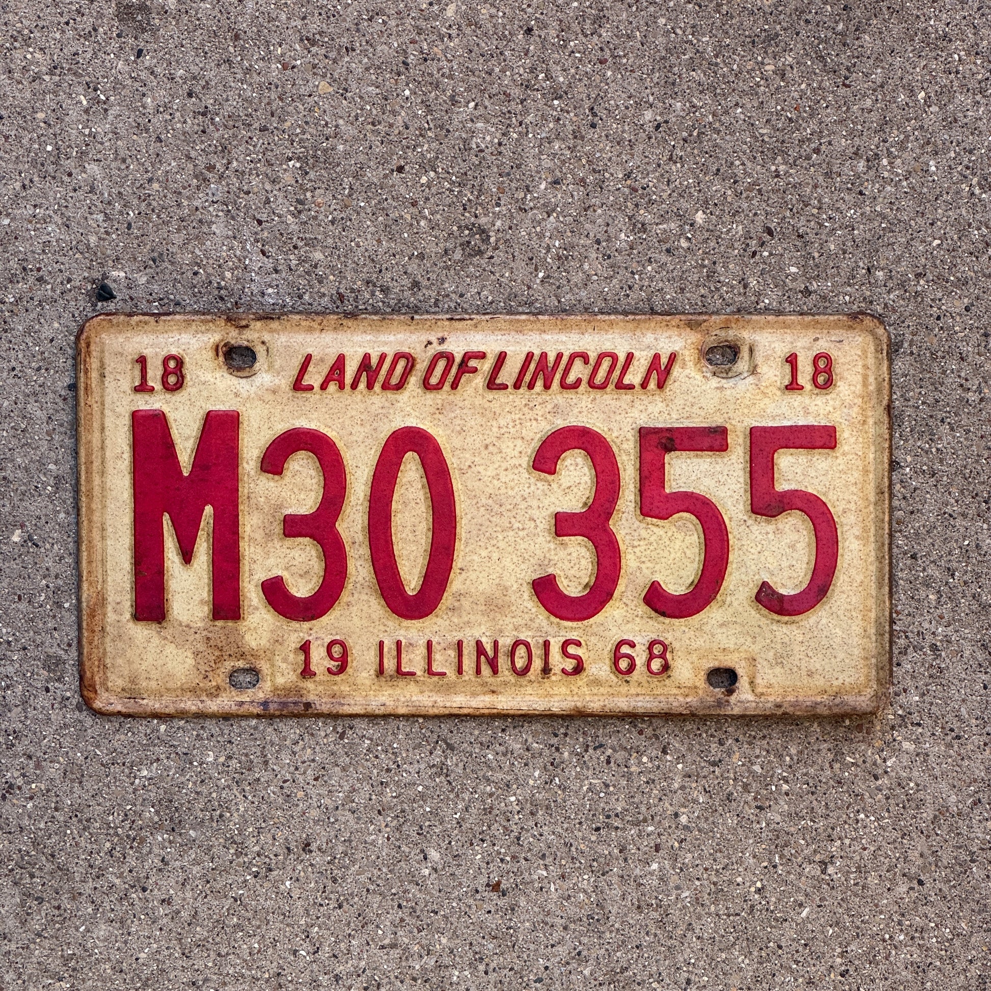 Photo of a 1968 Illinois Municipal License Plate Auto Tag 1 Vintage Garage M 30 355 with original patina