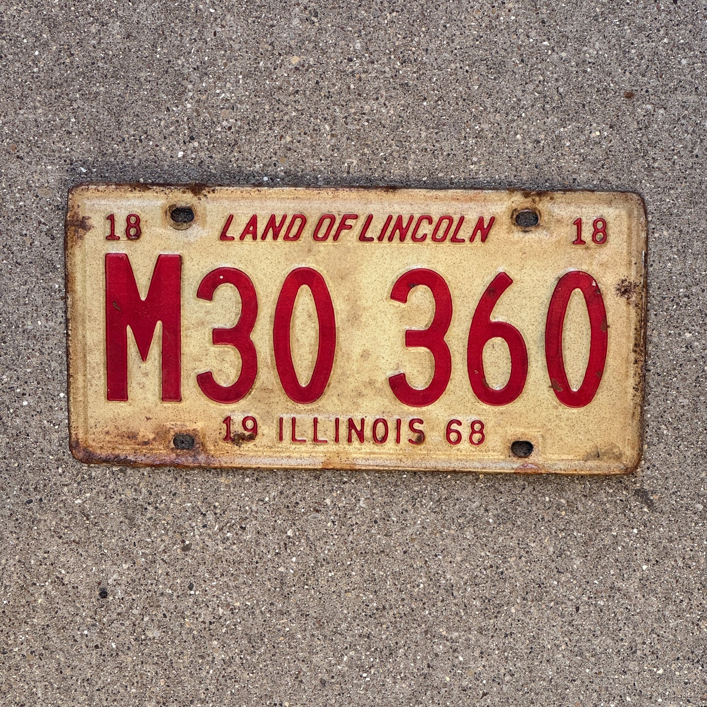 Photo of a 1968 Illinois Municipal License Plate Auto Tag 1 Vintage Garage M 30 360 with original patina