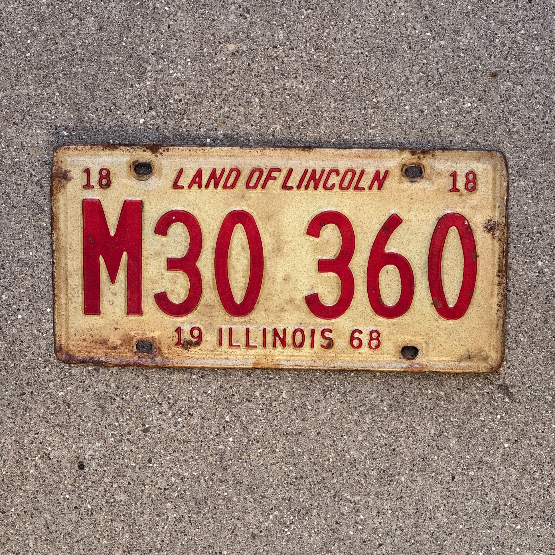 Photo of a 1968 Illinois Municipal License Plate Auto Tag 1 Vintage Garage M 30 360 with original patina