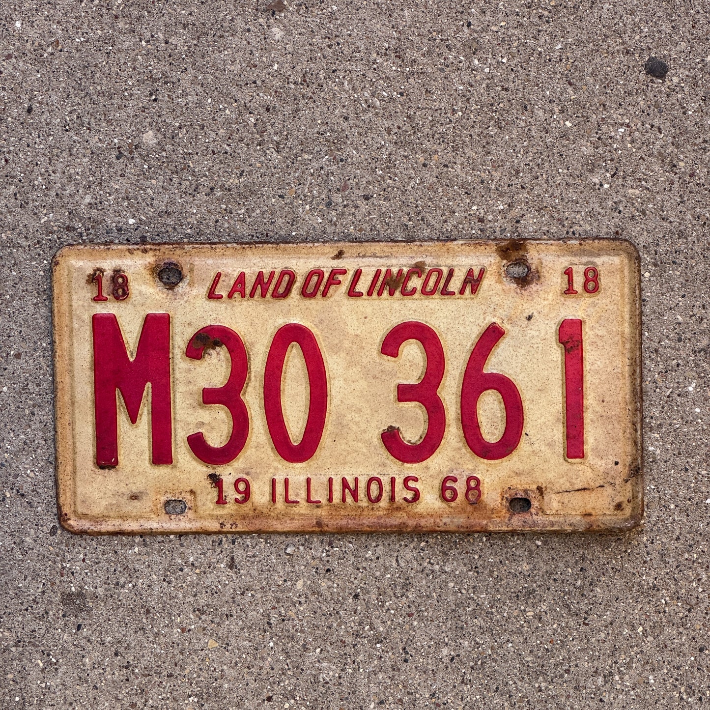 Photo of a 1968 Illinois Municipal License Plate Auto Tag 1 Vintage Garage M 30 361 with original patina