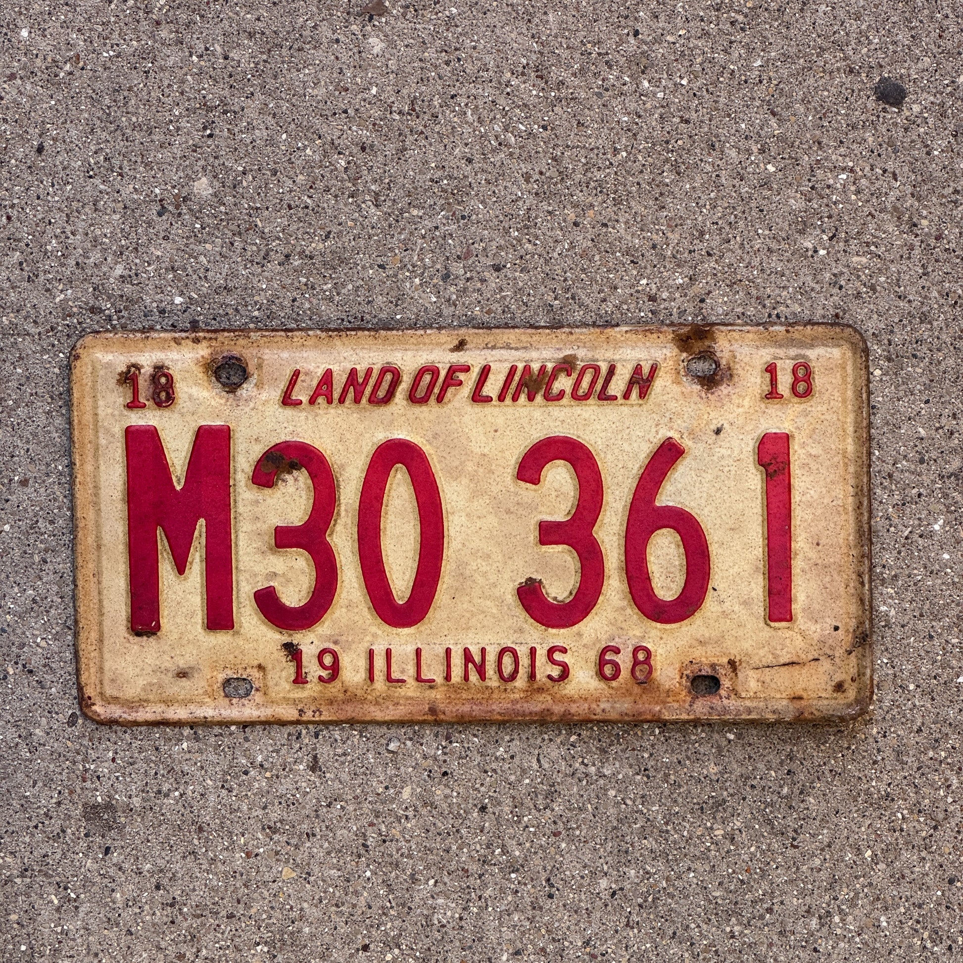 Photo of a 1968 Illinois Municipal License Plate Auto Tag 1 Vintage Garage M 30 361 with original patina