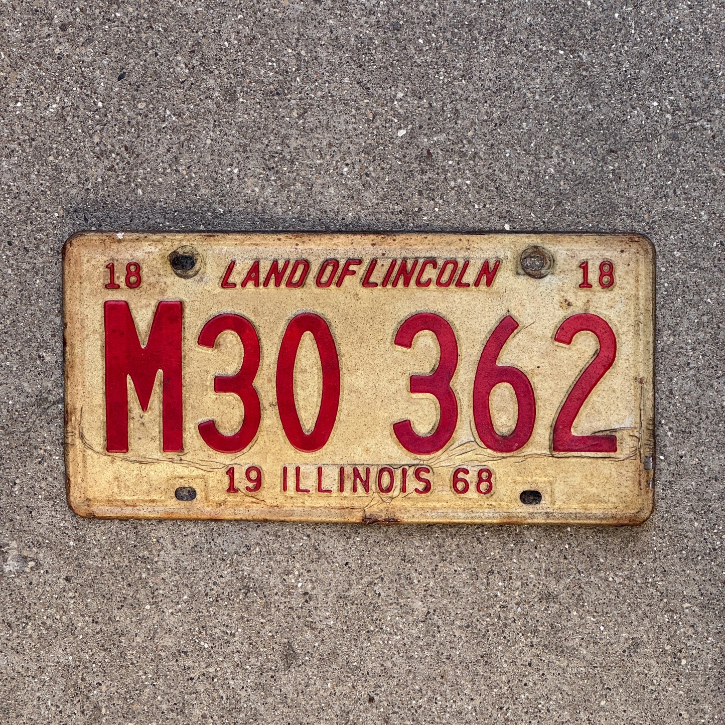 Photo of a 1968 Illinois Municipal License Plate Auto Tag 1 Vintage Garage M 30 362 with original patina
