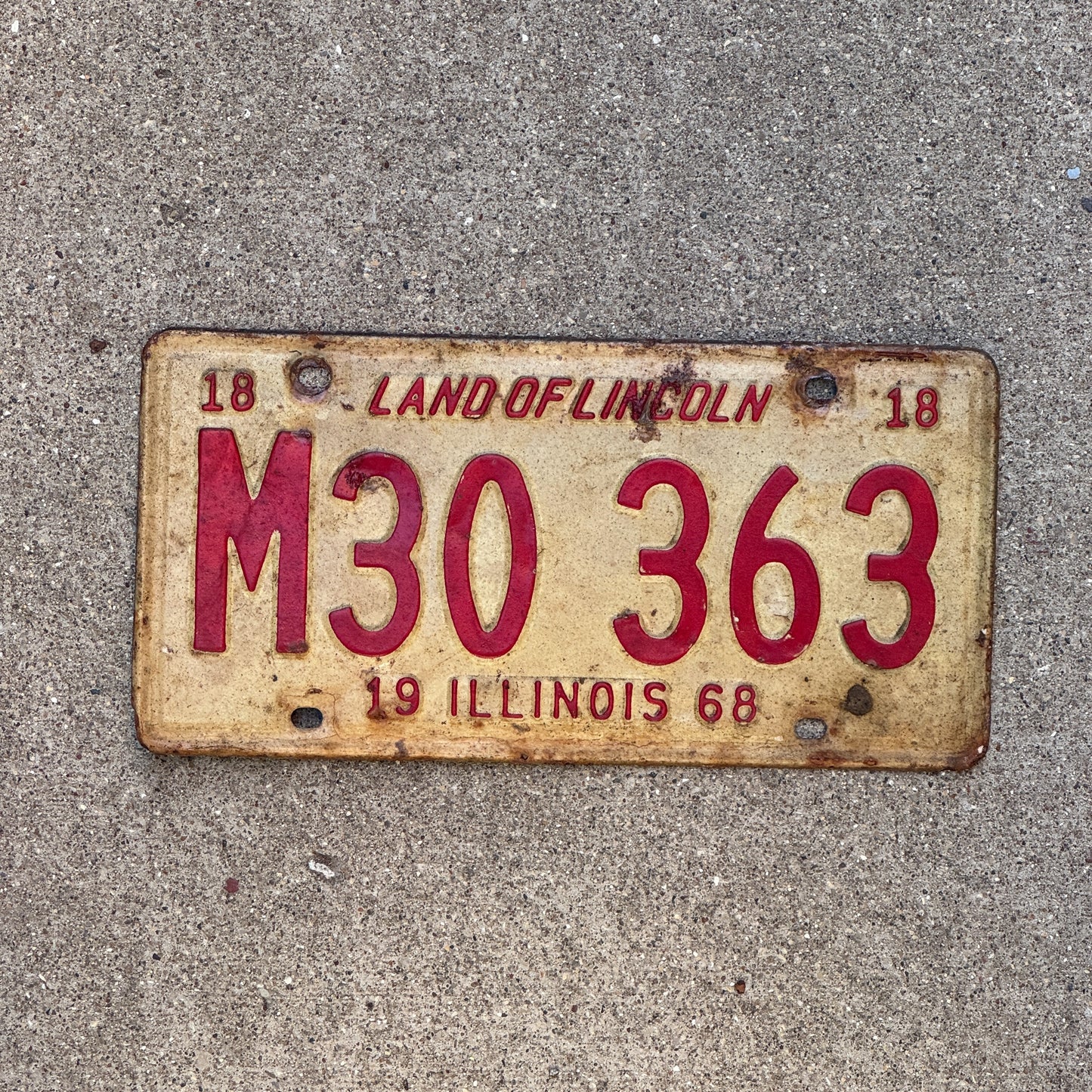 Photo of a 1968 Illinois Municipal License Plate Auto Tag 1 Vintage Garage M 30 363 with original patina