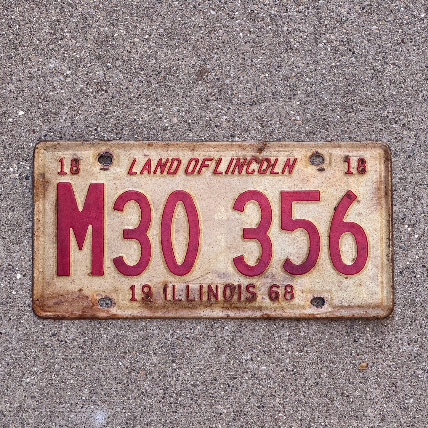 Photo of a 1968 Illinois Municipal License Plate Auto Tag 2 Vintage Garage M 30 356 with original patina