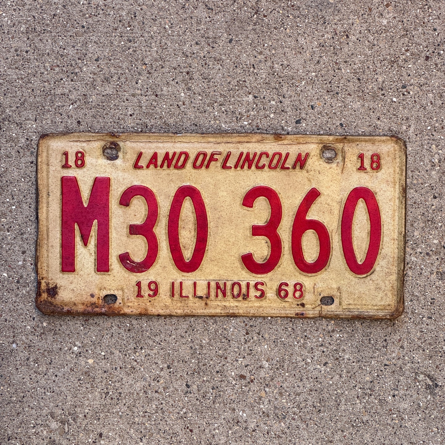Photo of a 1968 Illinois Municipal License Plate Auto Tag 2 Vintage Garage M 30 360 with original patina