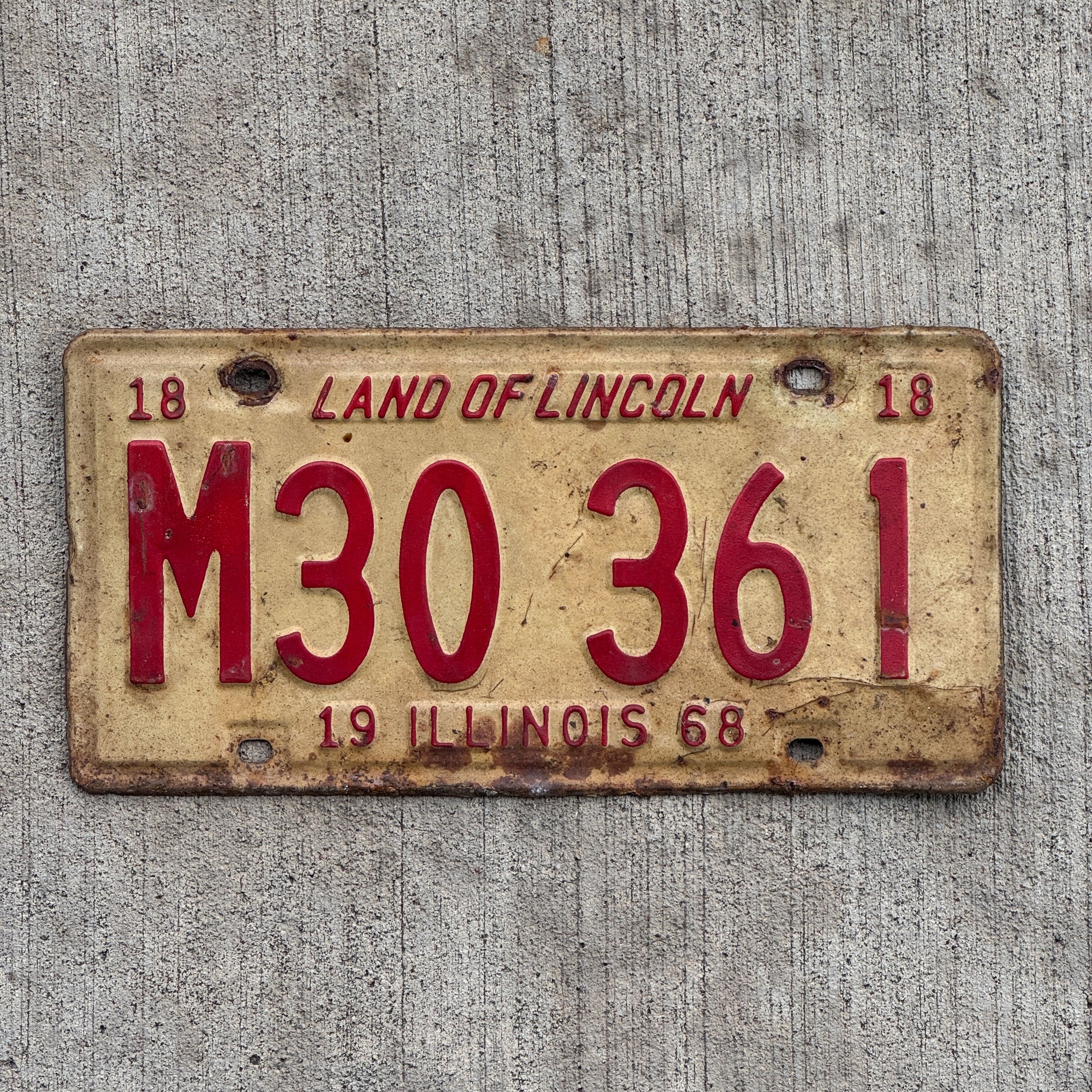 Photo of a 1968 Illinois Municipal License Plate Auto Tag 2 Vintage Garage M 30 361 with original patina