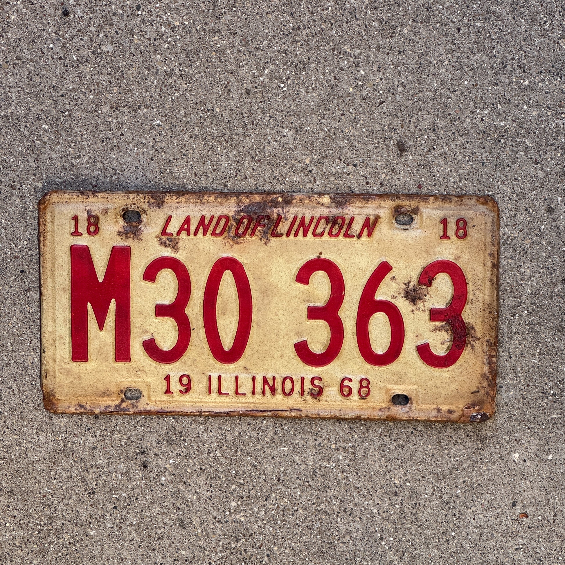 Photo of a 1968 Illinois Municipal License Plate Auto Tag 2 Vintage Garage M 30 363 with original patina