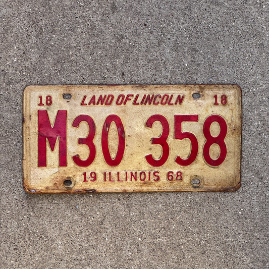 Photo of a 1968 Illinois Municipal License Plate Auto Tag Garage Decor Vintage M 30 358 with original patina
