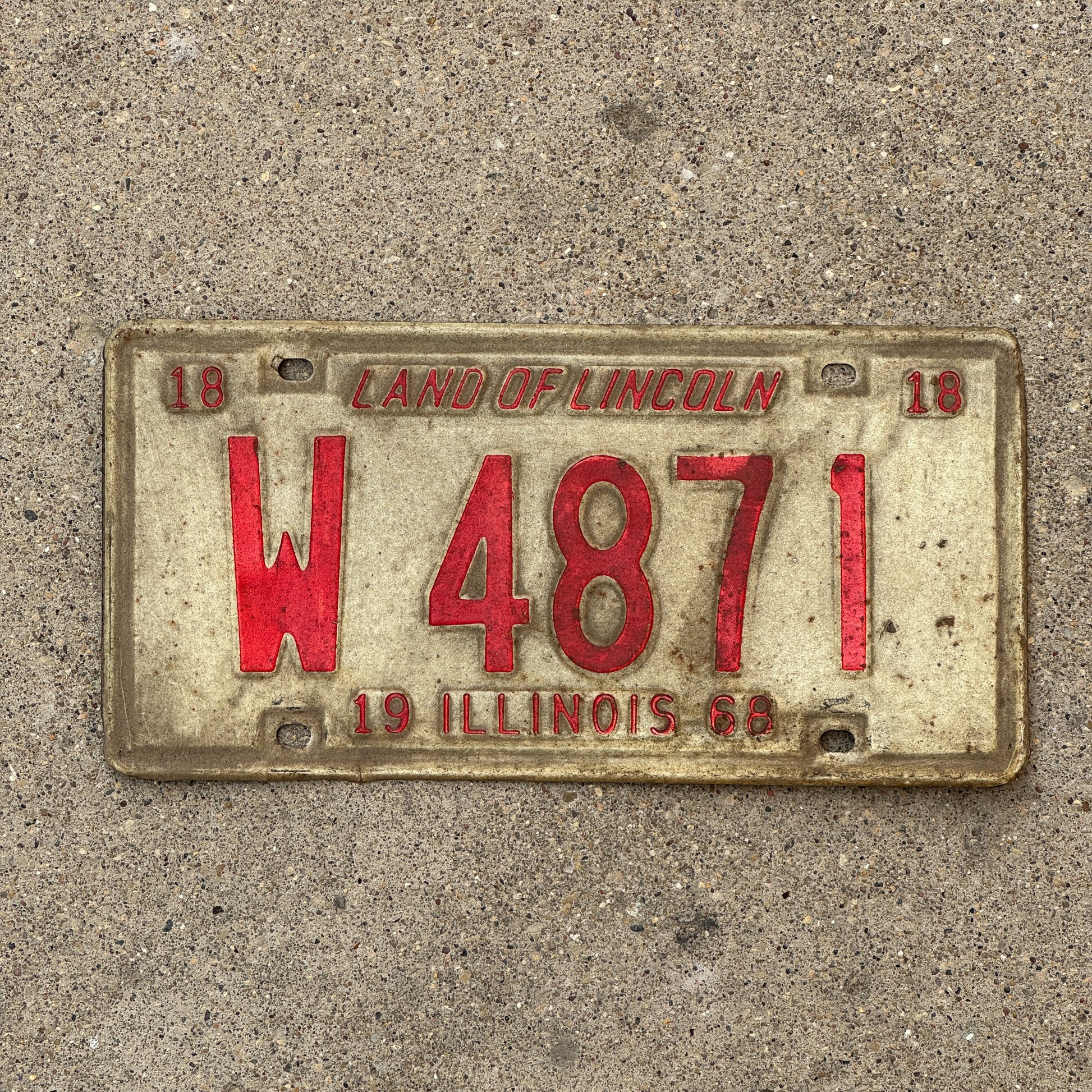 Photo of a 1968 Illinois Trailer License Plate Auto Tag 1 Vintage Garage W 4871 with original patina