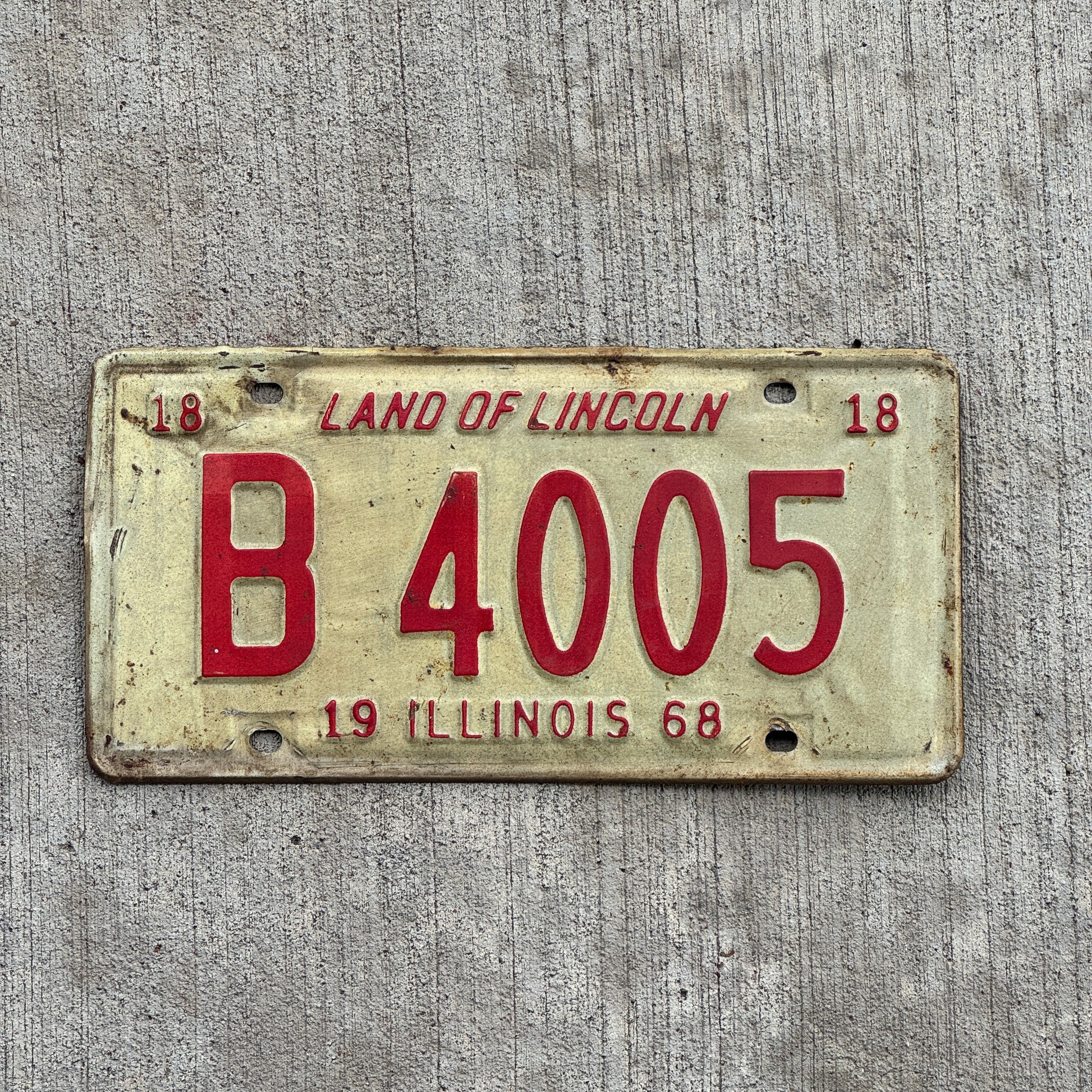 Photo of a 1968 Illinois Truck License Plate Auto Tag 1 Vintage Garage B 4005 with original patina