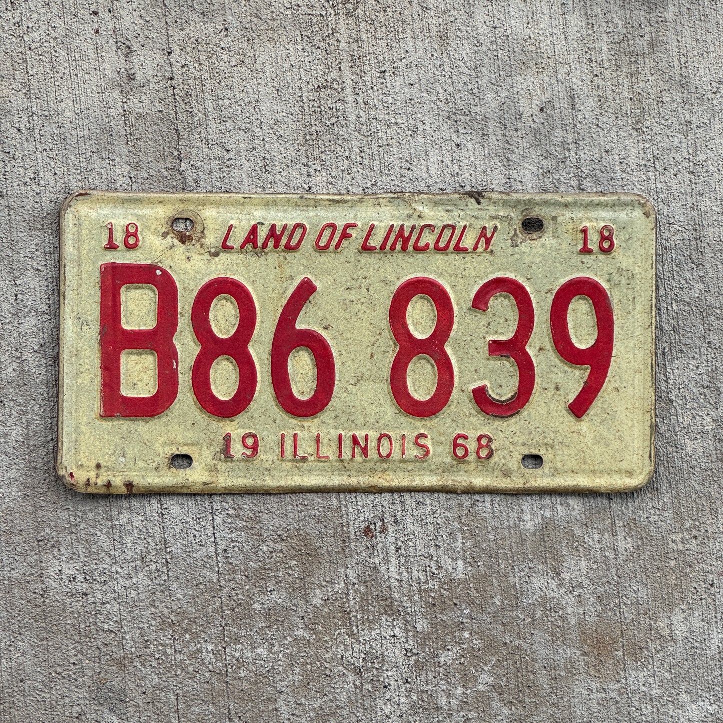 Photo of a 1968 Illinois Truck License Plate Auto Tag 1 Vintage Garage B 86 839 with original patina