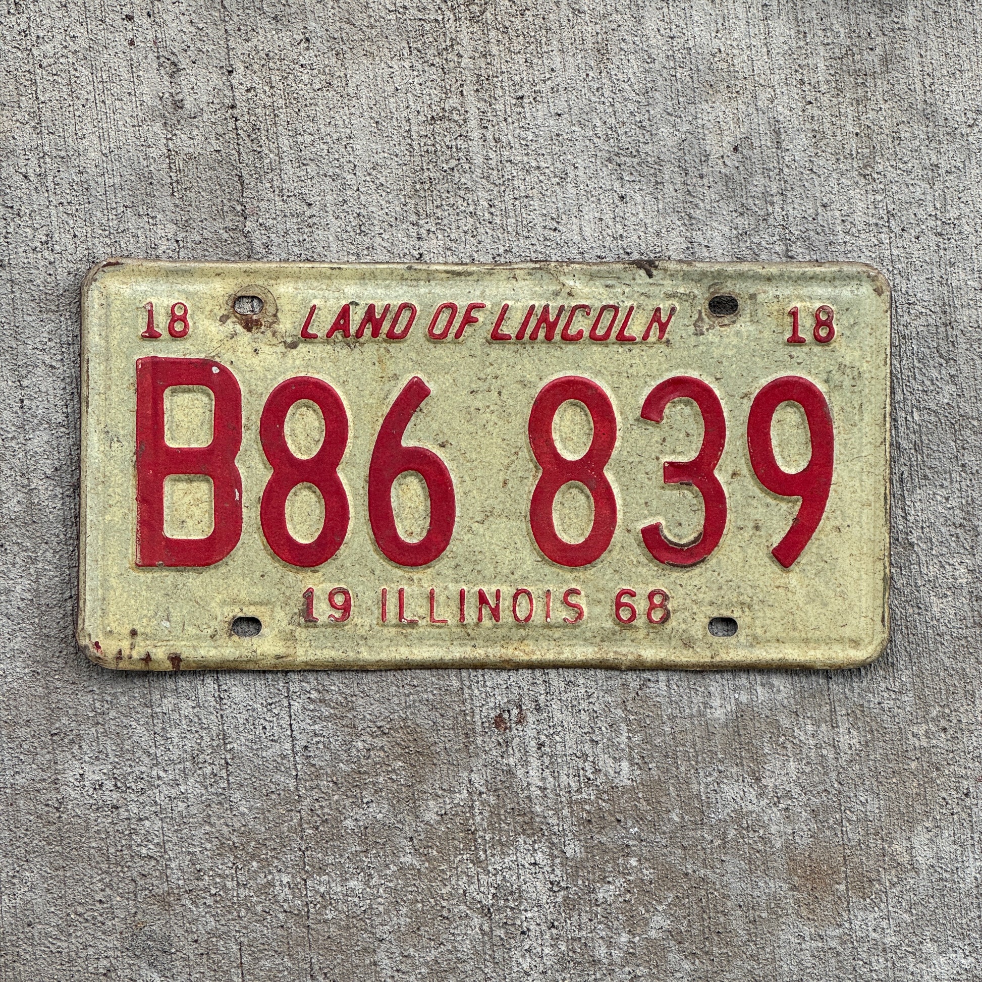 Photo of a 1968 Illinois Truck License Plate Auto Tag 1 Vintage Garage B 86 839 with original patina