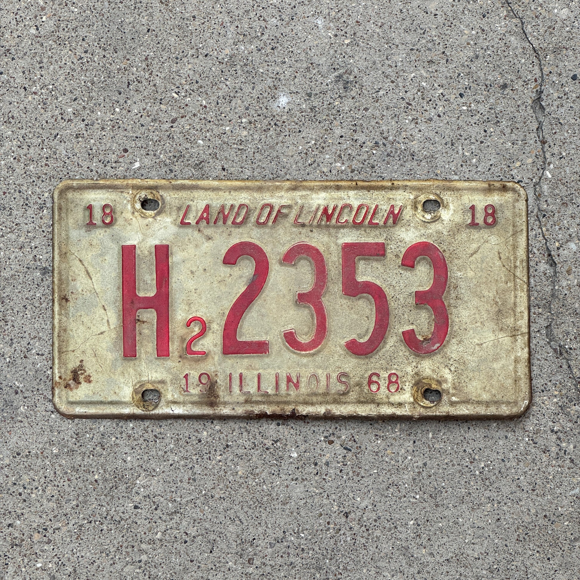 Photo of a 1968 Illinois Truck License Plate Auto Tag 1 Vintage Garage H2 2353 with original patina