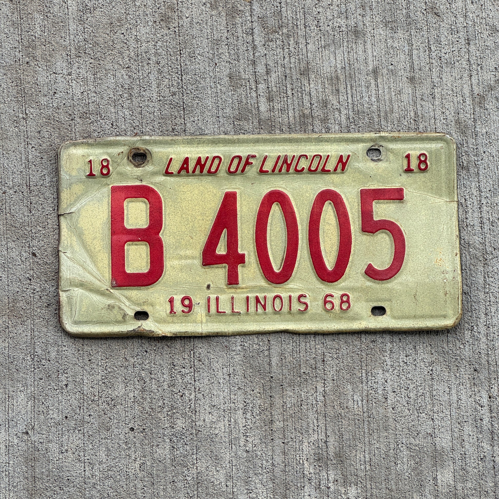 Photo of a 1968 Illinois Truck License Plate Auto Tag 2 Vintage Garage B 4005 with original patina