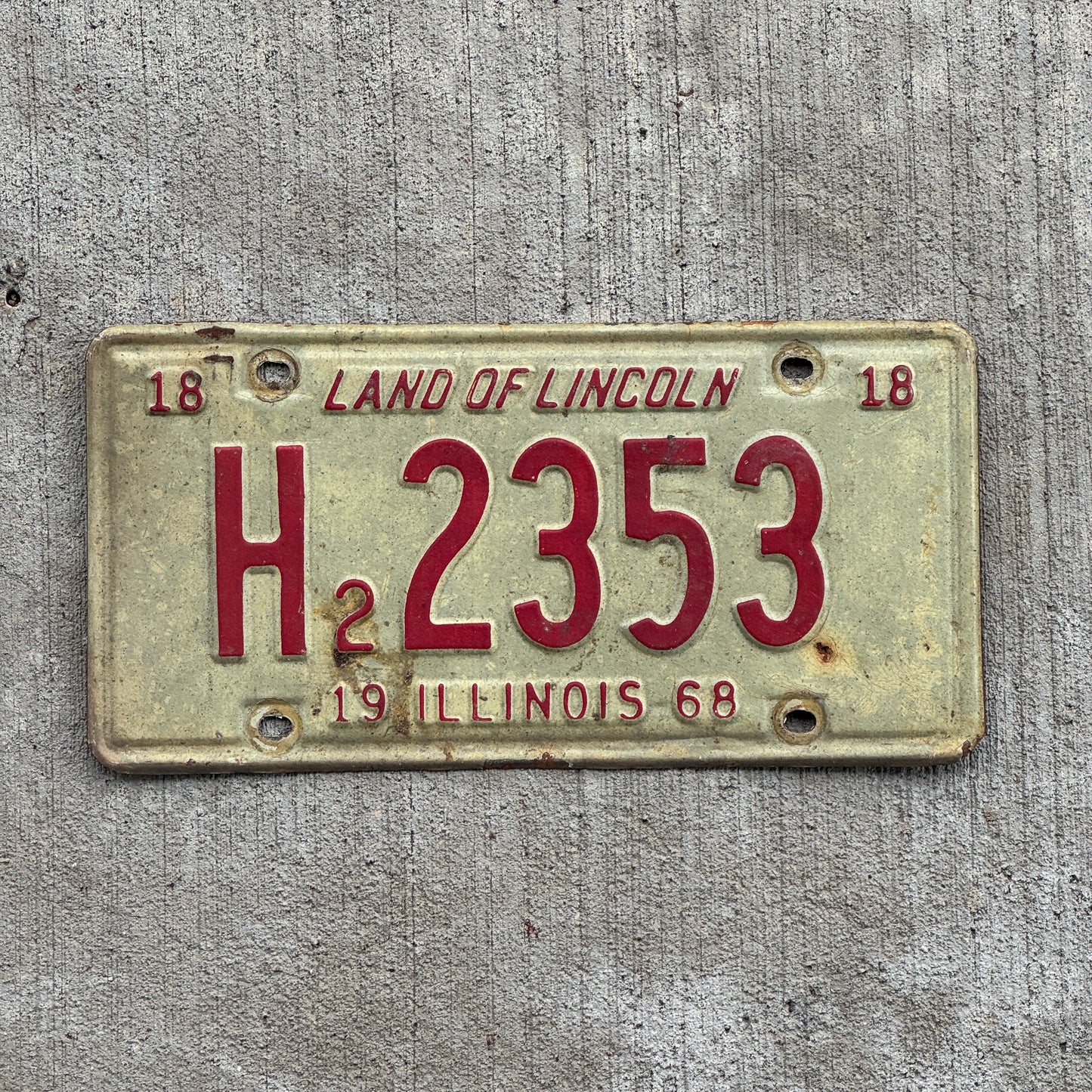 Photo of a 1968 Illinois Truck License Plate Auto Tag 2 Vintage Garage H2 2353 with original patina