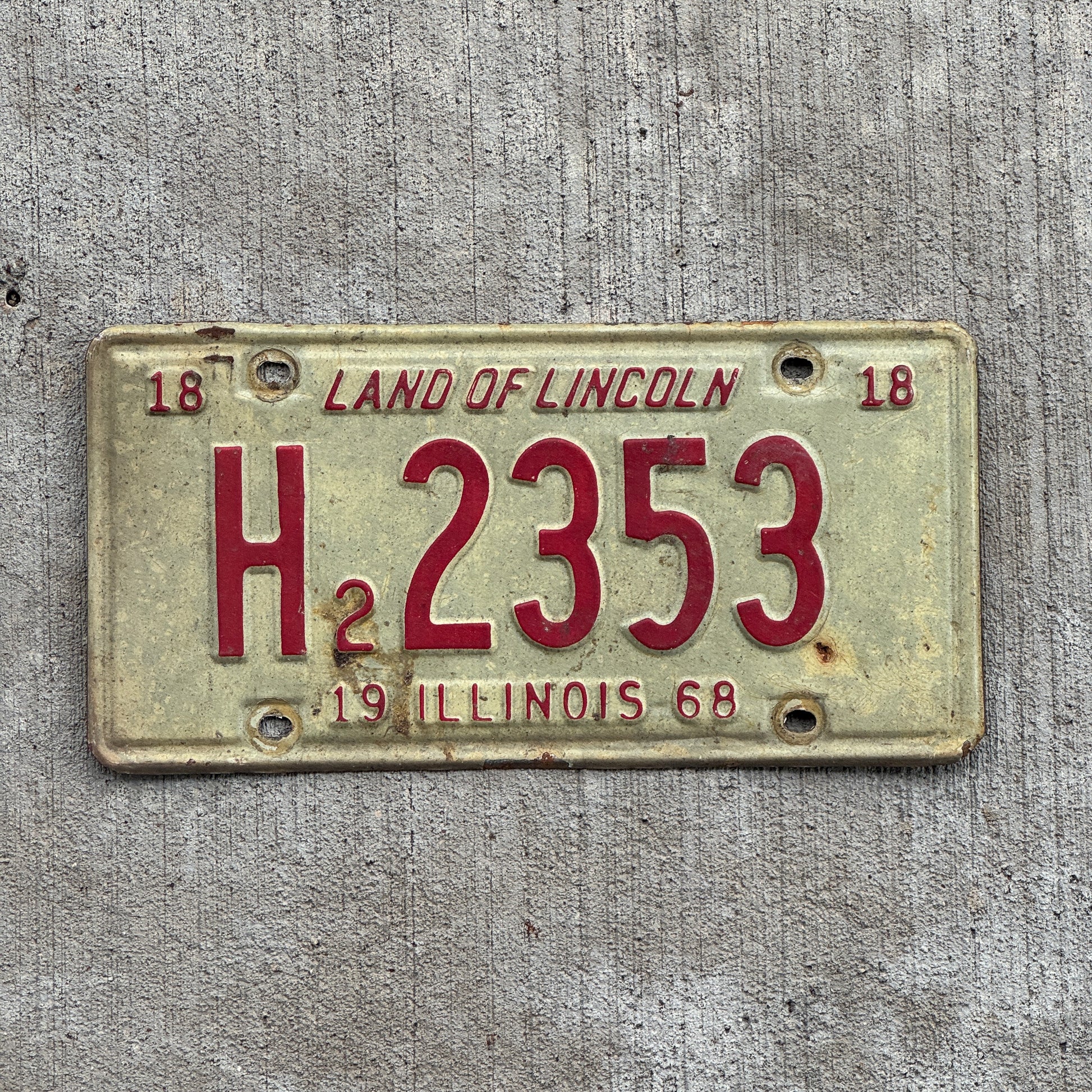Photo of a 1968 Illinois Truck License Plate Auto Tag 2 Vintage Garage H2 2353 with original patina