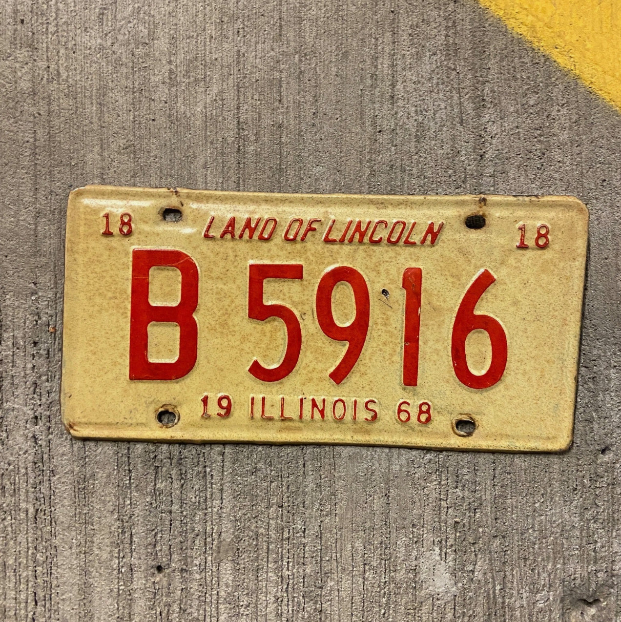 Photo of a 1968 Illinois Truck License Plate Auto Tag Garage Decor Vintage B 5916 with original patina