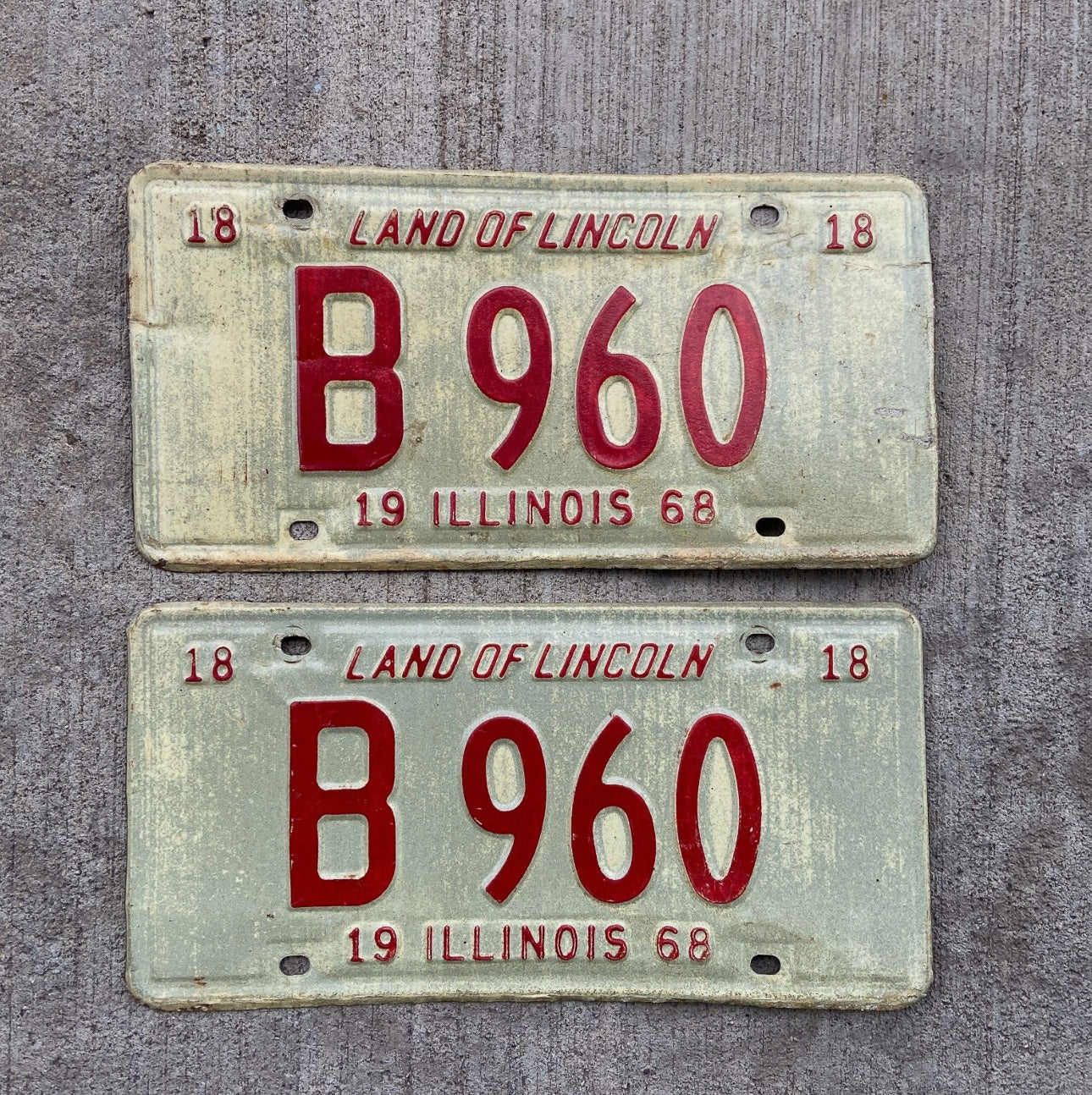 Photo of a 1968 Illinois Truck License Plate Pair Auto Tag Garage Decor Vintage B 960 with original patina