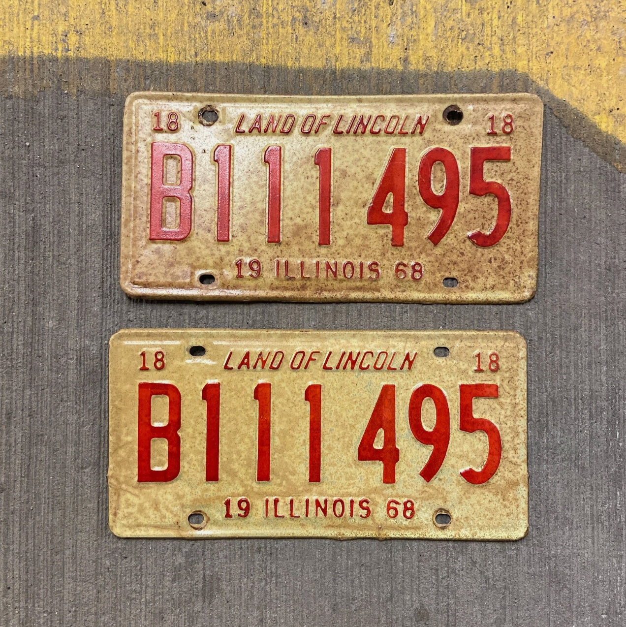 Photo of a 1968 Illinois Truck License Plate Pair Auto Tag Garage Decor Vintage Repeat Repeating B 111 495 with original patina