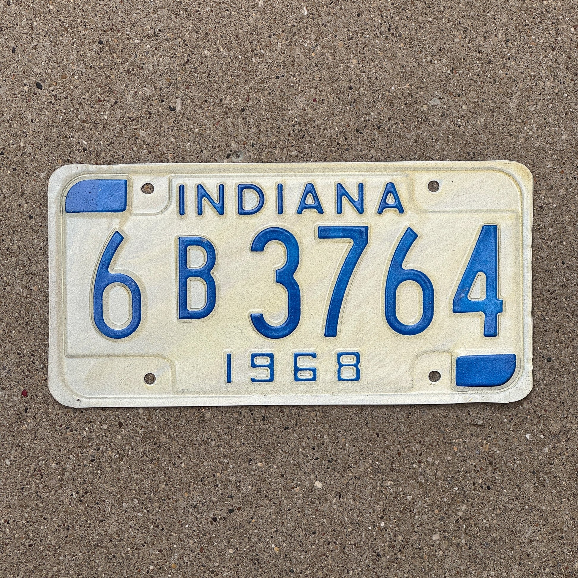 Photo of a 1968 Indiana License Plate Auto Tag Garage Decor Vintage 6 B 3764 with original patina