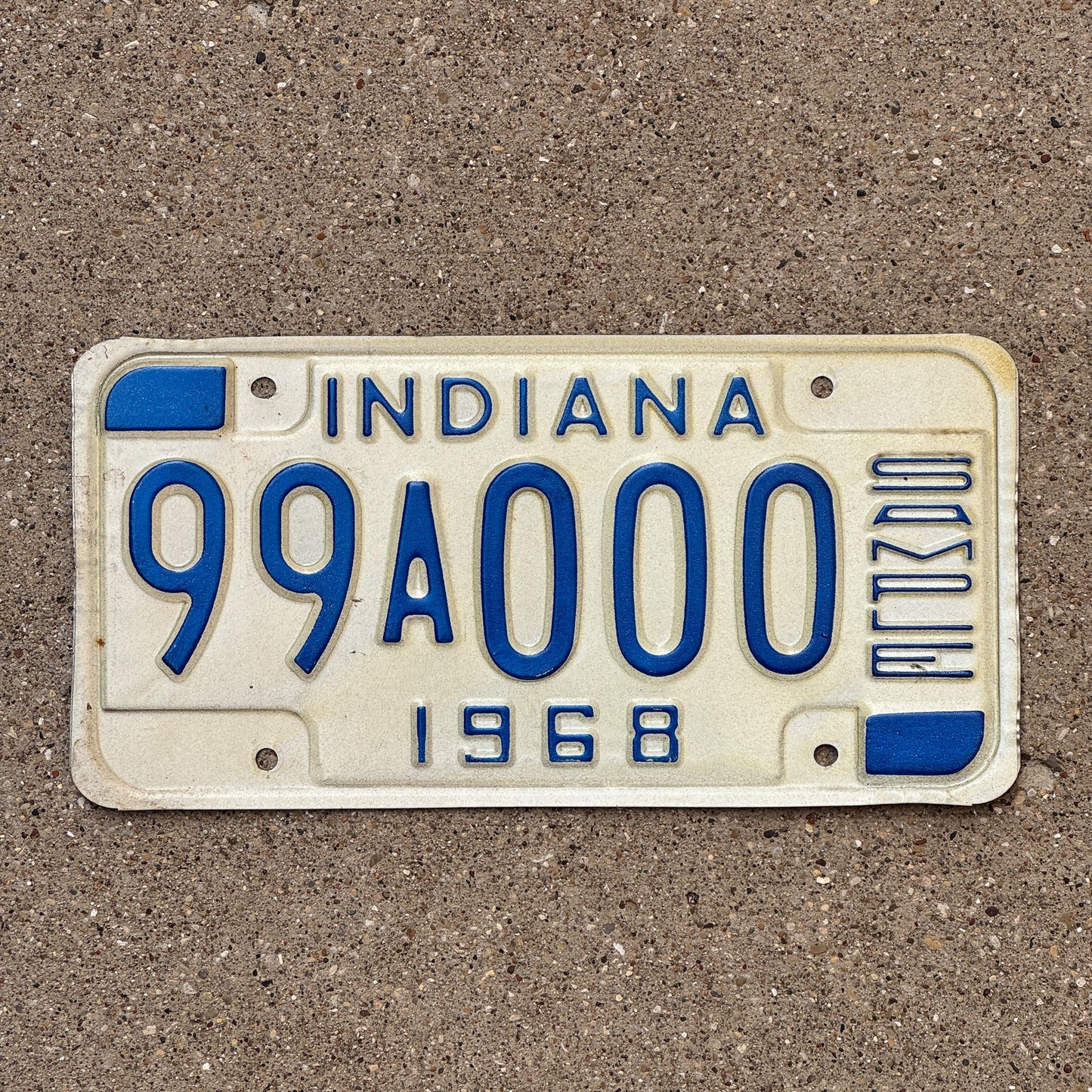 Photo of a 1968 Indiana Sample License Plate Auto Tag 1 Garage Decor 99A000 with original patina