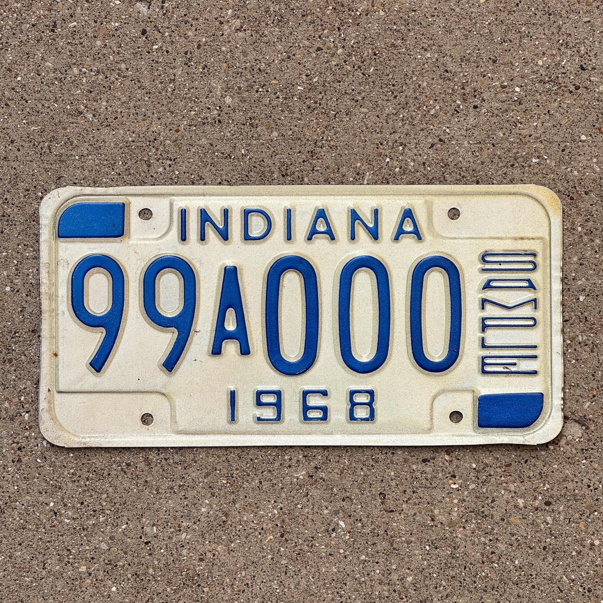 Photo of a 1968 Indiana Sample License Plate Auto Tag 1 Garage Decor 99A000 with original patina
